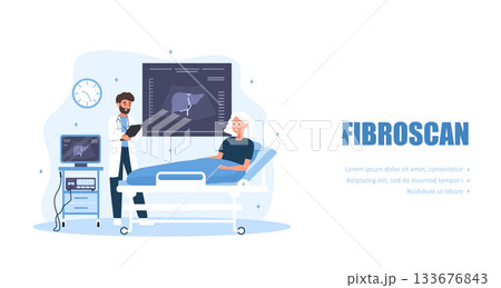 Fibroscan concept. Abdominal ultrasound procedure. Radiologist scanning patients liver for fatty disease, cirrhosis or cancer detection. Vector illustration in flat cartoon style Fibroscan concept. Abdominal ultrasound procedure. Radiologist scanning patients liver for fatty disease, cirrhosis or cancer detection. Vector illustration in flat cartoon style 133676843