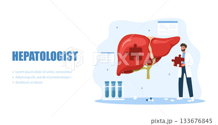Hepatologist concept. Evidence based therapy for chronic hepatitis, cirrhosis, or hepatocellular carcinoma. Vector illustration in flat cartoon style 133676845