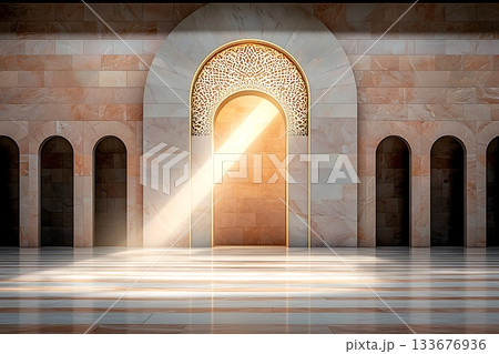 Illuminated Archway in an Elegant Marble Hall with Intricate Design and Soft Light Effects 133676936