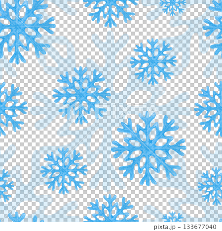 Seamless pattern with blue snowflakes on an isolated background. Drawing with colored pencils. Pencil drawing with openwork snowflakes for winter themes and festive decorations. 133677040