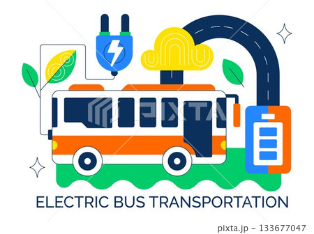 Electric Bus Transportation Illustration Featuring an Electric City Bus Charging at a Power Station with an Environmentally Friendly Public Vehicle 133677047