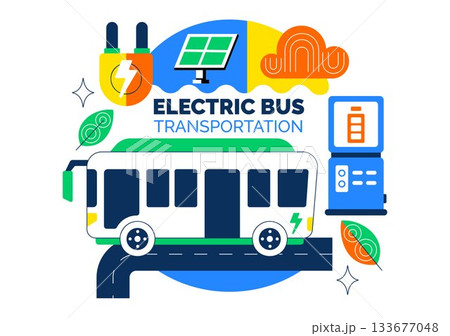 Electric Bus Transportation Illustration Featuring an Electric City Bus Charging at a Power Station with an Environmentally Friendly Public Vehicle 133677048