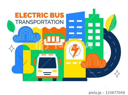 Electric Bus Transportation Illustration Featuring an Electric City Bus Charging at a Power Station with an Environmentally Friendly Public Vehicle 133677049