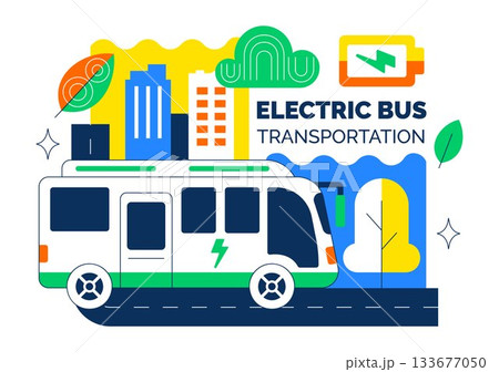 Electric Bus Transportation Illustration Featuring an Electric City Bus Charging at a Power Station with an Environmentally Friendly Public Vehicle 133677050