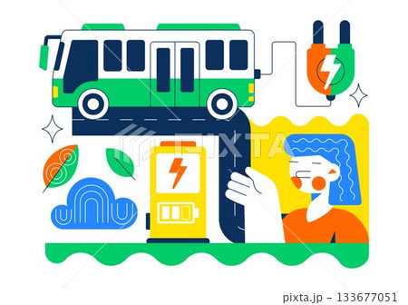 Electric Bus Transportation Illustration Featuring an Electric City Bus Charging at a Power Station with an Environmentally Friendly Public Vehicle 133677051