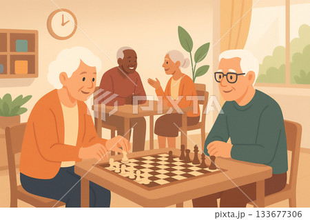 高齢者がチェスや会話で交流する穏やかなコミュニティの時間 高齢者がチェスや会話で交流する穏やかなコミュニティの時間 133677306