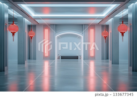 Modern Art Gallery with Neon Lights and Red Lanterns in Minimalist Design Space Modern Art Gallery with Neon Lights and Red Lanterns in Minimalist Design Space 133677345