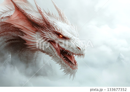 Majestic White Dragon Emerging from Clouds with Fiery Eyes and Intricate Scales Majestic White Dragon Emerging from Clouds with Fiery Eyes and Intricate Scales 133677352