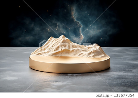 Abstract representation of mountain landscape on a minimalist pedestal with cosmic background Abstract representation of mountain landscape on a minimalist pedestal with cosmic background 133677354