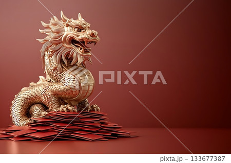 Ornate Dragon Sculpture Displayed on Pile of Red Coins Against a Red Background 133677387