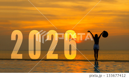 Happy new year card 2026. Silhouette lifestyle woman yoga raise arm 133677412