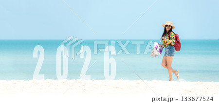 Asian young woman happy  jumping congratulation and celebrate in Happy New year 2026  133677524