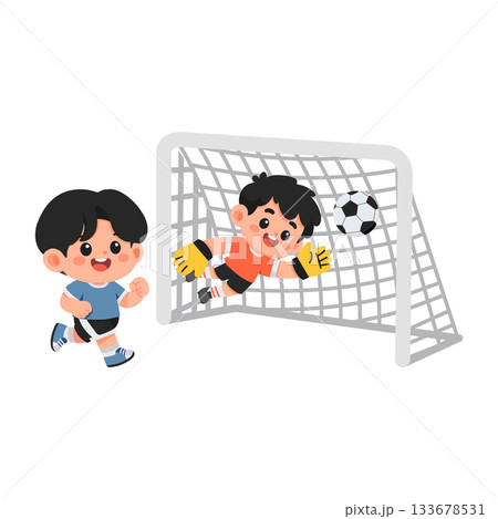 Cartoon Goalie Saving Ball from Player Illustration 133678531