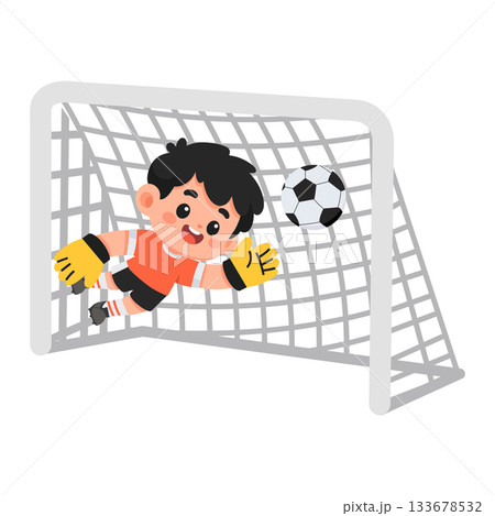Cartoon Goalie Saving Soccer Ball at Goal 133678532