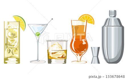 色々なカクテルとシェイカーのイメージイラスト 色々なカクテルとシェイカーのイメージイラスト 133678648