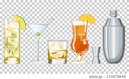 Illustration of various cocktails and shakers Illustration of various cocktails and shakers 133678648