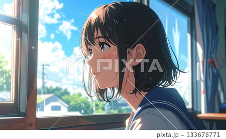 アニメ風イラスト、昼の教室で窓の外を見る日本人女子学生 アニメ風イラスト、昼の教室で窓の外を見る日本人女子学生 133678771