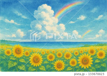 ひまわり畑　青空　入道雲　海　虹　水彩画 133678823