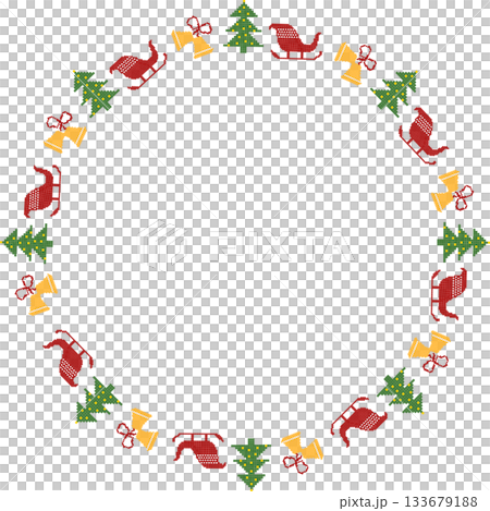 festive pixel art cross-stitch Christmas elements,round frames wreaths borders with pine trees, bells, sleighs, Ideal for retro holiday greetings, packaging, greeting cards 133679188