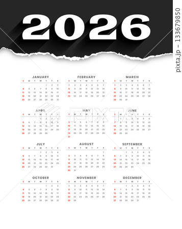 paper torn 2026 annual calendar layout in black white 133679850