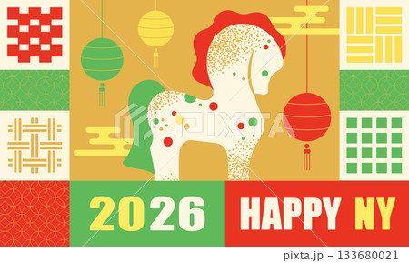Happy Chinese New Year 2026 Horse Banner with Hanging Lanterns and Modern Oriental Patterns. Horse Banner with Hanging Lanterns, Golden Clouds, Geometric Patterns and Traditional Motifs 133680021