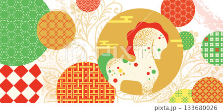 Happy Chinese New Year 2026 Horse Banner with Colorful Patchwork Circles and Oriental Patterns. Traditional Elements in Modern Design.  Festive Oriental Celebration Background. 133680026