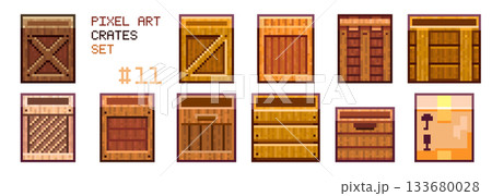 Pixel Art Wooden Crates Set. Retro 8bit Game Loot Boxes and Shipping Parcel Icons for Platformer Levels and UI Sprites. 133680028