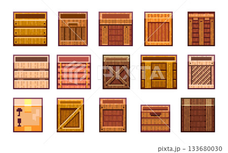 Pixel Art Crates Collection. 8bit Wooden Game Boxes Tileset and Spritesheet Assets for Platformer Levels, Inventory and Retro UI. 133680030