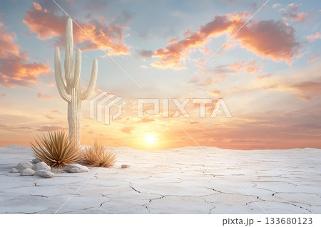 Majestic Cactus Silhouette Against Vibrant Sunset Sky in Desert Landscape 133680123
