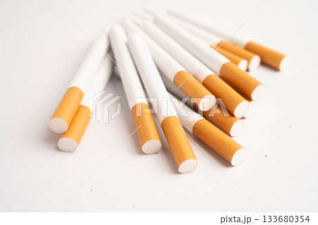Cigarette, roll tobacco in paper with filter tube, No smoking. 133680354