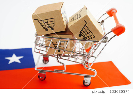 Online shopping, Shopping cart box on Chile flag, import export, finance commerce. 133680574