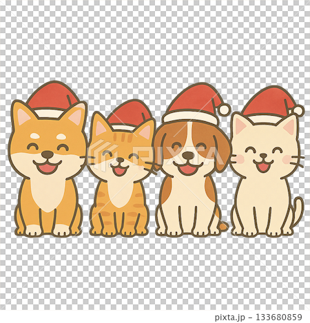 一隻戴著聖誕帽的狗和一隻戴著聖誕帽的貓的插圖 一隻戴著聖誕帽的狗和一隻戴著聖誕帽的貓的插圖 133680859