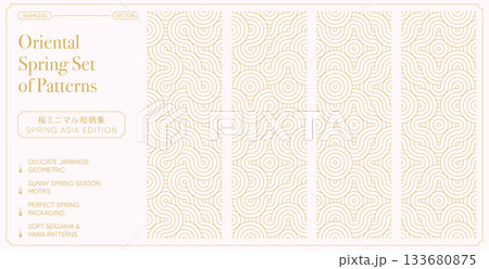 Oriental Spring Seamless Pattern Collection. Golden Geometric Waves and Hana Motifs for Elegant Japanese Packaging and Modern Asian Seasonal Design 133680875