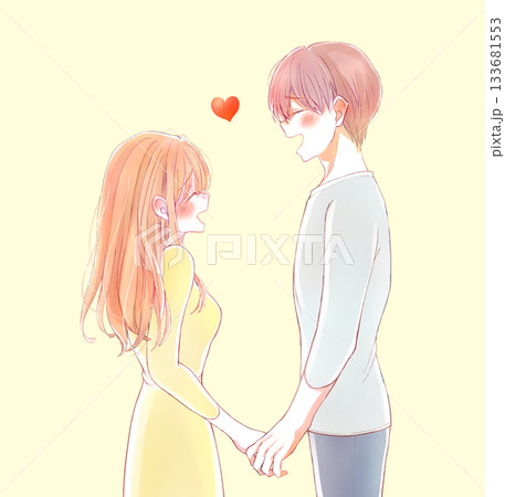 向かい合う男女　恋愛　笑顔　手を握る 133681553