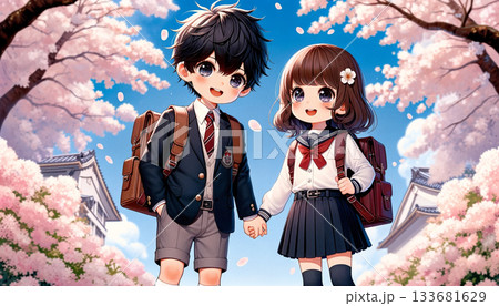 春の小学校の入学式。笑顔の男の子と女の子が手を繋ぐ小学生イラスト 春の小学校の入学式。笑顔の男の子と女の子が手を繋ぐ小学生イラスト 133681629