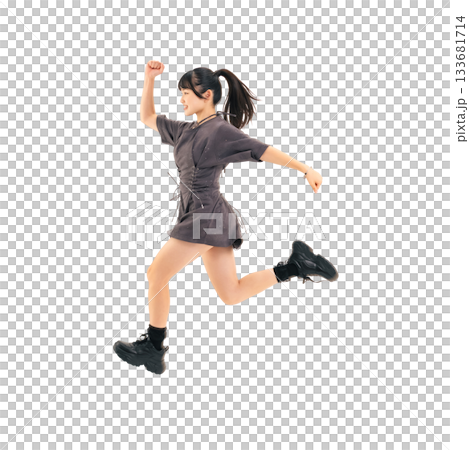 A teenage girl running energetically. A transparent background full-body photo PNG, precisely cut out by hand. A teenage girl running energetically. A transparent background full-body photo PNG, precisely cut out by hand. 133681714