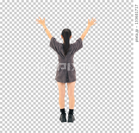 Back view of a teenage girl raising her arms in celebration. Full-body photo PNG with transparent background, precisely cut out by hand. Back view of a teenage girl raising her arms in celebration. Full-body photo PNG with transparent background, precisely cut out by hand. 133681717