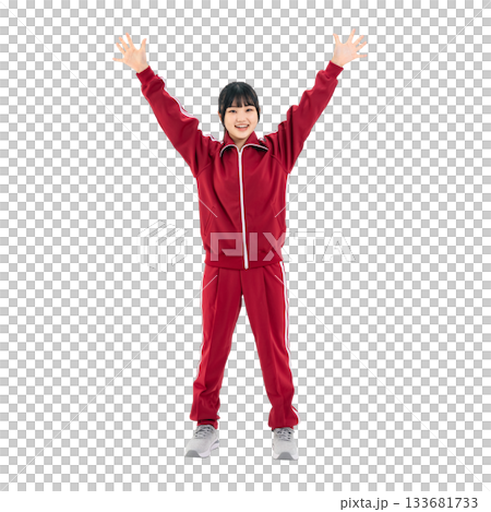 Female student in gym jersey raising her arms in a cheer. Full-body photo PNG with transparent background, precisely cut out by hand. 133681733
