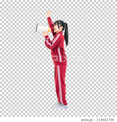 Female student wearing a gym jersey cheering with a loudspeaker. Full-body photo PNG with transparent background, precisely cut out by hand. Female student wearing a gym jersey cheering with a loudspeaker. Full-body photo PNG with transparent background, precisely cut out by hand. 133681736