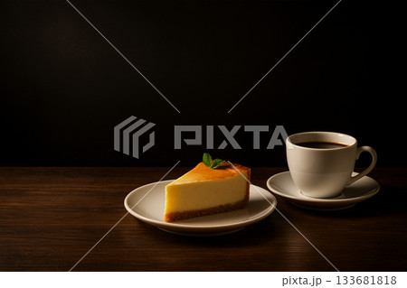 黒背景に映えるチーズケーキとコーヒーの上品なデザートテーブル 133681818