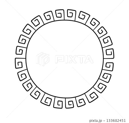 Greek doodle circle frame. Hand drawn roman round frame. Greek or Roman ancient motif border design. Ancient ornament circle element. Vector illustration isolated on white background 133682451