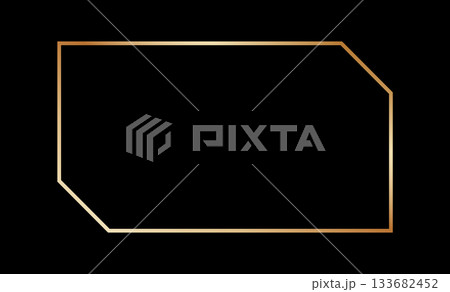 Thin golden frame in art deco style. Geometric gold border. Linear shining rectangle shape. Brass glowing shiny boarder element pack for photocard. Vector illustration isolated on black background 133682452