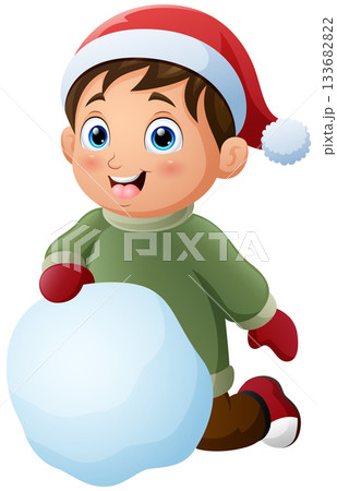 Cartoon little boy in winter clothes with big snowball 133682822
