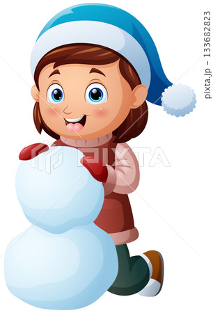 Cartoon little girl in winter clothes with big snowball Cartoon little girl in winter clothes with big snowball 133682823