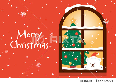 窓から雪を眺めるシロクマとクリスマスツリーの背景イラスト 133682994