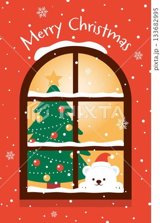 窓から雪を眺めるシロクマとクリスマスツリーの背景イラスト 窓から雪を眺めるシロクマとクリスマスツリーの背景イラスト 133682995