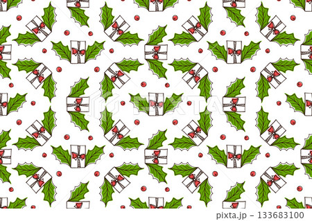 Seamless colorful pattern on a Christmas gift box with holly and berries. Festive seamless background for seasonal wrapping paper, textiles, children clothing. Decorative wreath pattern with holly 133683100