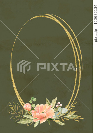 Peony flowers in peach tones, green leaves, berries watercolor frame on textured green. Hand-painted with golden detail, perfect for wedding invitations, branding, packaging, fabric design, cards Peony flowers in peach tones, green leaves, berries watercolor frame on textured green. Hand-painted with golden detail, perfect for wedding invitations, branding, packaging, fabric design, cards 133683134
