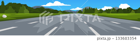 Landscape view of four lane road with line. Wide asphalt road leads straight to the destination ahead. Two side with green grass. Distant of forest and mountain under blue sky and white clouds. Landscape view of four lane road with line. Wide asphalt road leads straight to the destination ahead. Two side with green grass. Distant of forest and mountain under blue sky and white clouds. 133683354