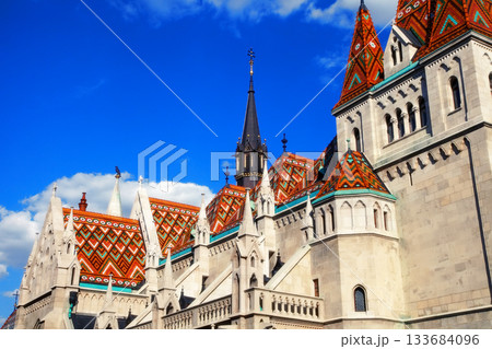 View to Matthias Church in the Castle District. Matthias Church is one of the most famous landmarks of Budapest. 133684096